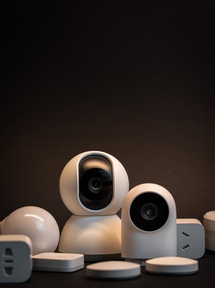 Close-up of modern white security cameras and smart home devices with dark background.
